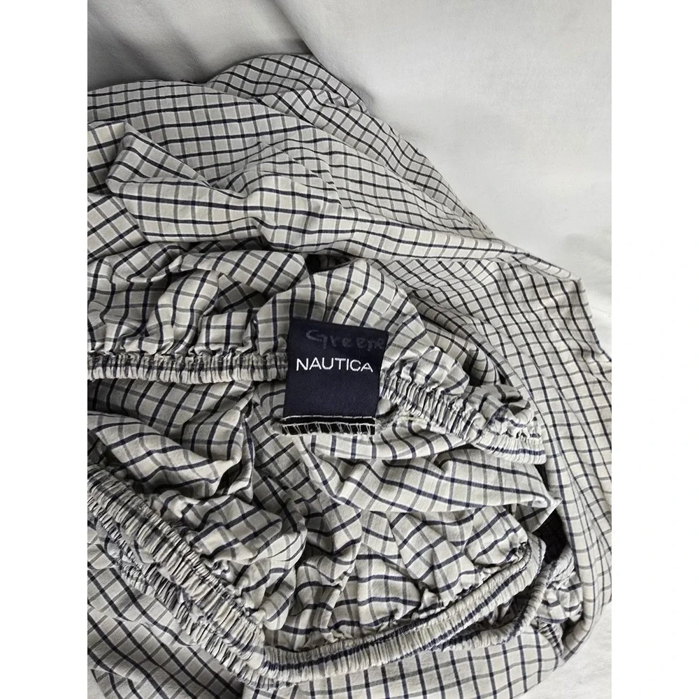 Nautica Blue Tan Check Twin Sheet Set Fitted And Flat‎  EUC